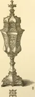 An illustration from Ornaments of the XVth and XVIth centuries. Ancient timber houses at Rouen, Caen, Bauvais, &c., Gothic furniture of the XVth century. Designs for gold & silver ornaments, and designs for iron & brass-work in the style of the XVth & XVIth centuries (1836)