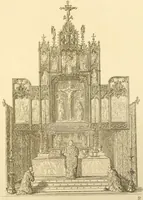 An illustration from Ornaments of the XVth and XVIth centuries. Ancient timber houses at Rouen, Caen, Bauvais, &c., Gothic furniture of the XVth century. Designs for gold & silver ornaments, and designs for iron & brass-work in the style of the XVth & XVIth centuries (1836)
