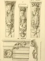 An illustration from Ornaments of the XVth and XVIth centuries. Ancient timber houses at Rouen, Caen, Bauvais, &c., Gothic furniture of the XVth century. Designs for gold & silver ornaments, and designs for iron & brass-work in the style of the XVth & XVIth centuries (1836)