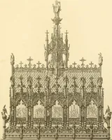 An illustration from Ornaments of the XVth and XVIth centuries. Ancient timber houses at Rouen, Caen, Bauvais, &c., Gothic furniture of the XVth century. Designs for gold & silver ornaments, and designs for iron & brass-work in the style of the XVth & XVIth centuries (1836)
