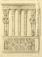 An illustration from Ornaments of the XVth and XVIth centuries. Ancient timber houses at Rouen, Caen, Bauvais, &c., Gothic furniture of the XVth century. Designs for gold & silver ornaments, and designs for iron & brass-work in the style of the XVth & XVIth centuries (1836)