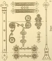 An illustration from Ornaments of the XVth and XVIth centuries. Ancient timber houses at Rouen, Caen, Bauvais, &c., Gothic furniture of the XVth century. Designs for gold & silver ornaments, and designs for iron & brass-work in the style of the XVth & XVIth centuries (1836)