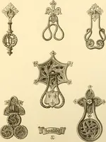 An illustration from Ornaments of the XVth and XVIth centuries. Ancient timber houses at Rouen, Caen, Bauvais, &c., Gothic furniture of the XVth century. Designs for gold & silver ornaments, and designs for iron & brass-work in the style of the XVth & XVIth centuries (1836)