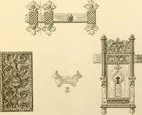 An illustration from Ornaments of the XVth and XVIth centuries. Ancient timber houses at Rouen, Caen, Bauvais, &c., Gothic furniture of the XVth century. Designs for gold & silver ornaments, and designs for iron & brass-work in the style of the XVth & XVIth centuries (1836)