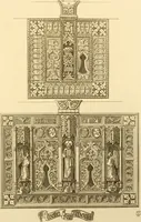 An illustration from Ornaments of the XVth and XVIth centuries. Ancient timber houses at Rouen, Caen, Bauvais, &c., Gothic furniture of the XVth century. Designs for gold & silver ornaments, and designs for iron & brass-work in the style of the XVth & XVIth centuries (1836)