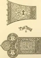 An illustration from Ornaments of the XVth and XVIth centuries. Ancient timber houses at Rouen, Caen, Bauvais, &c., Gothic furniture of the XVth century. Designs for gold & silver ornaments, and designs for iron & brass-work in the style of the XVth & XVIth centuries (1836)
