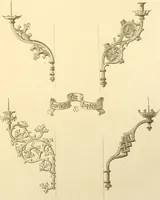 An illustration from Ornaments of the XVth and XVIth centuries. Ancient timber houses at Rouen, Caen, Bauvais, &c., Gothic furniture of the XVth century. Designs for gold & silver ornaments, and designs for iron & brass-work in the style of the XVth & XVIth centuries (1836)