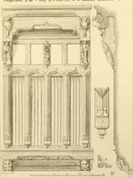 An illustration from Ornaments of the XVth and XVIth centuries. Ancient timber houses at Rouen, Caen, Bauvais, &c., Gothic furniture of the XVth century. Designs for gold & silver ornaments, and designs for iron & brass-work in the style of the XVth & XVIth centuries (1836)