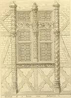 An illustration from Ornaments of the XVth and XVIth centuries. Ancient timber houses at Rouen, Caen, Bauvais, &c., Gothic furniture of the XVth century. Designs for gold & silver ornaments, and designs for iron & brass-work in the style of the XVth & XVIth centuries (1836)