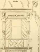 An illustration from Ornaments of the XVth and XVIth centuries. Ancient timber houses at Rouen, Caen, Bauvais, &c., Gothic furniture of the XVth century. Designs for gold & silver ornaments, and designs for iron & brass-work in the style of the XVth & XVIth centuries (1836)
