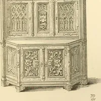 An illustration from Ornaments of the XVth and XVIth centuries. Ancient timber houses at Rouen, Caen, Bauvais, &c., Gothic furniture of the XVth century. Designs for gold & silver ornaments, and designs for iron & brass-work in the style of the XVth & XVIth centuries (1836)