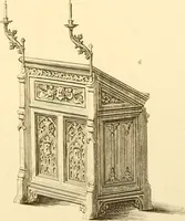 An illustration from Ornaments of the XVth and XVIth centuries. Ancient timber houses at Rouen, Caen, Bauvais, &c., Gothic furniture of the XVth century. Designs for gold & silver ornaments, and designs for iron & brass-work in the style of the XVth & XVIth centuries (1836)