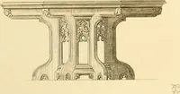 An illustration from Ornaments of the XVth and XVIth centuries. Ancient timber houses at Rouen, Caen, Bauvais, &c., Gothic furniture of the XVth century. Designs for gold & silver ornaments, and designs for iron & brass-work in the style of the XVth & XVIth centuries (1836)