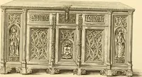 An illustration from Ornaments of the XVth and XVIth centuries. Ancient timber houses at Rouen, Caen, Bauvais, &c., Gothic furniture of the XVth century. Designs for gold & silver ornaments, and designs for iron & brass-work in the style of the XVth & XVIth centuries (1836)
