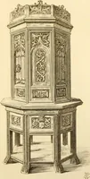 An illustration from Ornaments of the XVth and XVIth centuries. Ancient timber houses at Rouen, Caen, Bauvais, &c., Gothic furniture of the XVth century. Designs for gold & silver ornaments, and designs for iron & brass-work in the style of the XVth & XVIth centuries (1836)