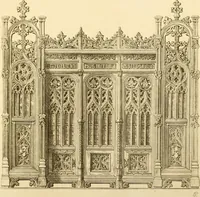 An illustration from Ornaments of the XVth and XVIth centuries. Ancient timber houses at Rouen, Caen, Bauvais, &c., Gothic furniture of the XVth century. Designs for gold & silver ornaments, and designs for iron & brass-work in the style of the XVth & XVIth centuries (1836)