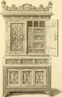 An illustration from Ornaments of the XVth and XVIth centuries. Ancient timber houses at Rouen, Caen, Bauvais, &c., Gothic furniture of the XVth century. Designs for gold & silver ornaments, and designs for iron & brass-work in the style of the XVth & XVIth centuries (1836)