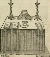 An illustration from Ornatvs ecclesiasticvs, hoc est, Compendivm praecipvarvm rervm, qvibvs qvaevis rite decenterqve compositae ecclesiae exornari, ac redimiri debent : omnibus ecclesiarum praelatis & rectoribus, per totam Ratisbonensem Dioecesin cum primis necessarium, Latinè & Germanicè, adiectis etiam quarundam suppellectilium figuris (1591)