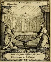 An illustration from Orphevs evcharisticvs. Sive devs absconditvs humanitatis illecebris illustriores mundi partes ad se pertrahens, vltroneas arcanae maiestatis adoratrices (1657)