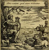 An illustration from Orphevs evcharisticvs. Sive devs absconditvs humanitatis illecebris illustriores mundi partes ad se pertrahens, vltroneas arcanae maiestatis adoratrices (1657)