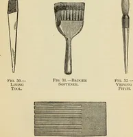An illustration from The painters' encyclopædia. Containing definitions of all important words in the art of plain and artistic painting, with details of practice in coach, carriage, railway car, house, sign and ornamental painting, including graining, marbling ... and valuable hints and helps in scene painting, porcelain painting, plain painting, distemper painting, and all work in which a brush, pencil or palette is used (1887)