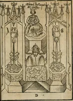 An illustration from Pandora, das ist, Die edleste Gab Gottes, oder, Der werde vnnd heilsamme Stein der Weysen, mit welchem die alten Philosophi, auch Theophrastus Paracelsus, die vnvolkom[m]ene Metallen, durch Gewalt des Fewrs verbessert, sampt allerley schädliche vnd unheilsame Kranckheiten, innerlich vnd eusserlich haben vertrieben : ein Guldener Schatz, welcher durch einen Liebhaber diser Kunst, von seinem Untergang errettet ist worden, vnnd zu Nutz allen Menschen, fürnem[m]lich den Liebhabern der Paracelsischen Artzney, erst jetz in Truck verfertiget (1582)