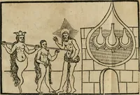 An illustration from Pandora, das ist, Die edleste Gab Gottes, oder, Der werde vnnd heilsamme Stein der Weysen, mit welchem die alten Philosophi, auch Theophrastus Paracelsus, die vnvolkom[m]ene Metallen, durch Gewalt des Fewrs verbessert, sampt allerley schädliche vnd unheilsame Kranckheiten, innerlich vnd eusserlich haben vertrieben : ein Guldener Schatz, welcher durch einen Liebhaber diser Kunst, von seinem Untergang errettet ist worden, vnnd zu Nutz allen Menschen, fürnem[m]lich den Liebhabern der Paracelsischen Artzney, erst jetz in Truck verfertiget (1582)