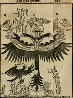 An illustration from Pandora, das ist, Die edleste Gab Gottes, oder, Der werde vnnd heilsamme Stein der Weysen, mit welchem die alten Philosophi, auch Theophrastus Paracelsus, die vnvolkom[m]ene Metallen, durch Gewalt des Fewrs verbessert, sampt allerley schädliche vnd unheilsame Kranckheiten, innerlich vnd eusserlich haben vertrieben : ein Guldener Schatz, welcher durch einen Liebhaber diser Kunst, von seinem Untergang errettet ist worden, vnnd zu Nutz allen Menschen, fürnem[m]lich den Liebhabern der Paracelsischen Artzney, erst jetz in Truck verfertiget (1582)