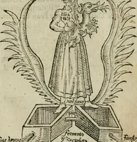 An illustration from Pandora, das ist, Die edleste Gab Gottes, oder, Der werde vnnd heilsamme Stein der Weysen, mit welchem die alten Philosophi, auch Theophrastus Paracelsus, die vnvolkom[m]ene Metallen, durch Gewalt des Fewrs verbessert, sampt allerley schädliche vnd unheilsame Kranckheiten, innerlich vnd eusserlich haben vertrieben : ein Guldener Schatz, welcher durch einen Liebhaber diser Kunst, von seinem Untergang errettet ist worden, vnnd zu Nutz allen Menschen, fürnem[m]lich den Liebhabern der Paracelsischen Artzney, erst jetz in Truck verfertiget (1582)