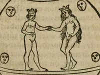An illustration from Pandora, das ist, Die edleste Gab Gottes, oder, Der werde vnnd heilsamme Stein der Weysen, mit welchem die alten Philosophi, auch Theophrastus Paracelsus, die vnvolkom[m]ene Metallen, durch Gewalt des Fewrs verbessert, sampt allerley schädliche vnd unheilsame Kranckheiten, innerlich vnd eusserlich haben vertrieben : ein Guldener Schatz, welcher durch einen Liebhaber diser Kunst, von seinem Untergang errettet ist worden, vnnd zu Nutz allen Menschen, fürnem[m]lich den Liebhabern der Paracelsischen Artzney, erst jetz in Truck verfertiget (1582)