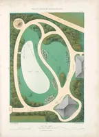 An illustration from Parcs et jardins des environs de Paris : Nouveau recueil de plans de jardins et petits parcs, dessinés à vol d'oiseau dans les genres français, anglais, suisse, etc. : variés de forme et de grandeur et accompagnés de constructions formant l'ornementation des jardins, pavillons, chalets, chaumières, kiosques, belvédères, orangeries, serres, pigeonniers, ponts, cascades, rochers, grottes, berceaux, etc.