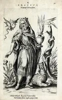 An illustration from Parnassus biceps : in cujus priore jugo musarum deorumque praesidum Hippocrenes : in altero deorum fatidicorum phoebadum, et vatum illustriorum qui priscis seculis oraculis, & praedictionibus claruerunt imagines proponuntur, & distichis latinis explicantur (1627)