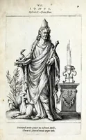 An illustration from Parnassus biceps : in cujus priore jugo musarum deorumque praesidum Hippocrenes : in altero deorum fatidicorum phoebadum, et vatum illustriorum qui priscis seculis oraculis, & praedictionibus claruerunt imagines proponuntur, & distichis latinis explicantur (1627)