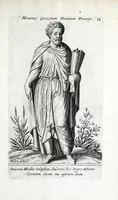 An illustration from Parnassus biceps : in cujus priore jugo musarum deorumque praesidum Hippocrenes : in altero deorum fatidicorum phoebadum, et vatum illustriorum qui priscis seculis oraculis, & praedictionibus claruerunt imagines proponuntur, & distichis latinis explicantur (1627)