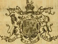 An illustration from The peerage of England : a complete view of the several orders of nobility ... together with an introduction, shewing the high and illustrious extraction of our most gracious sovereign: also an historical account of all the offices of state, usually filled by the nobility, the arms of the all the Lords spiritual and temporal, three useful plates teaching the art of heraldry, &c. &c. &c. (1766)
