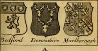An illustration from The peerage of England : a complete view of the several orders of nobility ... together with an introduction, shewing the high and illustrious extraction of our most gracious sovereign: also an historical account of all the offices of state, usually filled by the nobility, the arms of the all the Lords spiritual and temporal, three useful plates teaching the art of heraldry, &c. &c. &c. (1766)