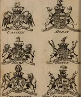 An illustration from The peerage of Scotland : a complete view of the several orders of nobility, of that ancient kingdom; their descents, marriages, issue, and relations; their creations, armorial bearings, crests, supporters, mottos, chief seats, and the high offices they possess ... together with a list of the sixteen peers, from the union to 1767 ... (1767)