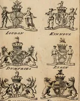 An illustration from The peerage of Scotland : a complete view of the several orders of nobility, of that ancient kingdom; their descents, marriages, issue, and relations; their creations, armorial bearings, crests, supporters, mottos, chief seats, and the high offices they possess ... together with a list of the sixteen peers, from the union to 1767 ... (1767)