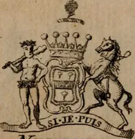 An illustration from The peerage of Scotland : a complete view of the several orders of nobility, of that ancient kingdom; their descents, marriages, issue, and relations; their creations, armorial bearings, crests, supporters, mottos, chief seats, and the high offices they possess ... together with a list of the sixteen peers, from the union to 1767 ... (1767)