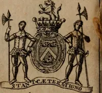 An illustration from The peerage of Scotland : a complete view of the several orders of nobility, of that ancient kingdom; their descents, marriages, issue, and relations; their creations, armorial bearings, crests, supporters, mottos, chief seats, and the high offices they possess ... together with a list of the sixteen peers, from the union to 1767 ... (1767)