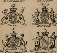 An illustration from The peerage of Scotland : a complete view of the several orders of nobility, of that ancient kingdom; their descents, marriages, issue, and relations; their creations, armorial bearings, crests, supporters, mottos, chief seats, and the high offices they possess ... together with a list of the sixteen peers, from the union to 1767 ... (1767)