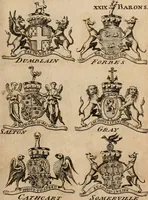 An illustration from The peerage of Scotland : a complete view of the several orders of nobility, of that ancient kingdom; their descents, marriages, issue, and relations; their creations, armorial bearings, crests, supporters, mottos, chief seats, and the high offices they possess ... together with a list of the sixteen peers, from the union to 1767 ... (1767)