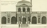 An illustration from Petit uvre d'architecture de Jean Marot, architecte et graveur, ou, Recueil des plans, elevations & coupes de divers anciens edifices de Paris, & de la sépulture des Valois, à S. Denis, avec diverses suites de tombeaux, epitaphes, chapelles, retables d'autels, tabernacles, portes cocheres & autres, &c. & plusieurs petits temples dans le goût antique, qui n'ont jamais paru (1764)