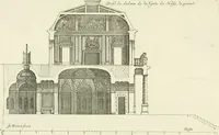 An illustration from Petit uvre d'architecture de Jean Marot, architecte et graveur, ou, Recueil des plans, elevations & coupes de divers anciens edifices de Paris, & de la sépulture des Valois, à S. Denis, avec diverses suites de tombeaux, epitaphes, chapelles, retables d'autels, tabernacles, portes cocheres & autres, &c. & plusieurs petits temples dans le goût antique, qui n'ont jamais paru (1764)