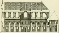 An illustration from Petit uvre d'architecture de Jean Marot, architecte et graveur, ou, Recueil des plans, elevations & coupes de divers anciens edifices de Paris, & de la sépulture des Valois, à S. Denis, avec diverses suites de tombeaux, epitaphes, chapelles, retables d'autels, tabernacles, portes cocheres & autres, &c. & plusieurs petits temples dans le goût antique, qui n'ont jamais paru (1764)