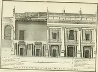 An illustration from Petit uvre d'architecture de Jean Marot, architecte et graveur, ou, Recueil des plans, elevations & coupes de divers anciens edifices de Paris, & de la sépulture des Valois, à S. Denis, avec diverses suites de tombeaux, epitaphes, chapelles, retables d'autels, tabernacles, portes cocheres & autres, &c. & plusieurs petits temples dans le goût antique, qui n'ont jamais paru (1764)
