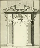 An illustration from Petit uvre d'architecture de Jean Marot, architecte et graveur, ou, Recueil des plans, elevations & coupes de divers anciens edifices de Paris, & de la sépulture des Valois, à S. Denis, avec diverses suites de tombeaux, epitaphes, chapelles, retables d'autels, tabernacles, portes cocheres & autres, &c. & plusieurs petits temples dans le goût antique, qui n'ont jamais paru (1764)