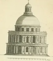 An illustration from Petit uvre d'architecture de Jean Marot, architecte et graveur, ou, Recueil des plans, elevations & coupes de divers anciens edifices de Paris, & de la sépulture des Valois, à S. Denis, avec diverses suites de tombeaux, epitaphes, chapelles, retables d'autels, tabernacles, portes cocheres & autres, &c. & plusieurs petits temples dans le goût antique, qui n'ont jamais paru (1764)