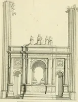 An illustration from Petit uvre d'architecture de Jean Marot, architecte et graveur, ou, Recueil des plans, elevations & coupes de divers anciens edifices de Paris, & de la sépulture des Valois, à S. Denis, avec diverses suites de tombeaux, epitaphes, chapelles, retables d'autels, tabernacles, portes cocheres & autres, &c. & plusieurs petits temples dans le goût antique, qui n'ont jamais paru (1764)