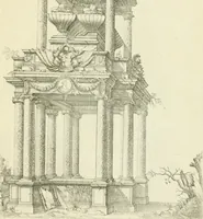 An illustration from Petit uvre d'architecture de Jean Marot, architecte et graveur, ou, Recueil des plans, elevations & coupes de divers anciens edifices de Paris, & de la sépulture des Valois, à S. Denis, avec diverses suites de tombeaux, epitaphes, chapelles, retables d'autels, tabernacles, portes cocheres & autres, &c. & plusieurs petits temples dans le goût antique, qui n'ont jamais paru (1764)